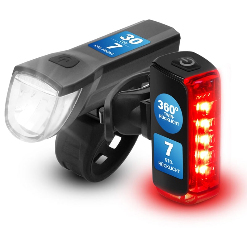 Sada LED svetiel na bicykel Fischer Twin – 360° osvetlenie priestoru, 30 luxov, nabíjateľná batéria cez USB-C, predné a zadné svetlo, montáž bez použitia náradia