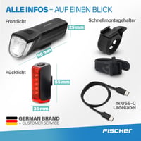 Sada LED svetiel na bicykel Fischer Twin – 360° osvetlenie priestoru, 30 luxov, nabíjateľná batéria cez USB-C, predné a zadné svetlo, montáž bez použitia náradia 9