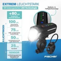Fischer Twin Stop 100 Lux LED nabíjacie svetlá na bicykel so senzorom, hliníkové telo, čierne, 1 ks 3