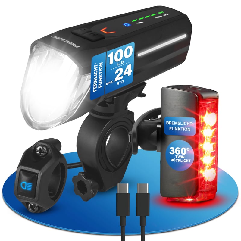 Fischer Twin Stop 100 Lux LED nabíjacie svetlá na bicykel so senzorom, hliníkové telo, čierne, 1 ks