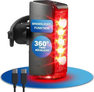 Fischer Twin Stop LED stražnje svjetlo za bicikl, USB-C punjivo, 360° osvjetljenje tla - crno