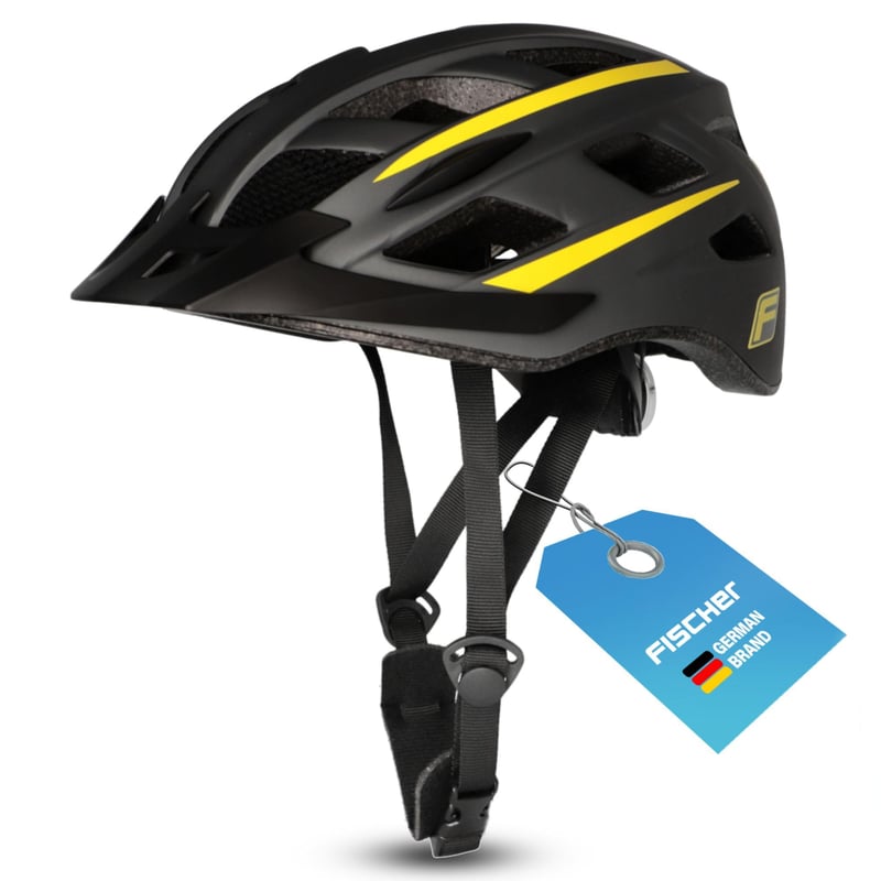 Cyklistická prilba Fischer Urban Montis pre dospelých, veľkosť L/XL (58-61 cm), čierno-žltá, s osvetleným vnútorným prstencovým systémom, na mestské využitie a MTB.