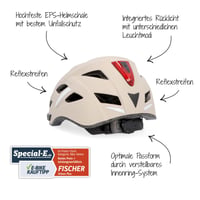 Cyklistická prilba Fischer Urban Plus Dallas s integrovaným LED zadným svetlom, veľkosť S/M (52-59 cm), béžová, pánska a dámska 2