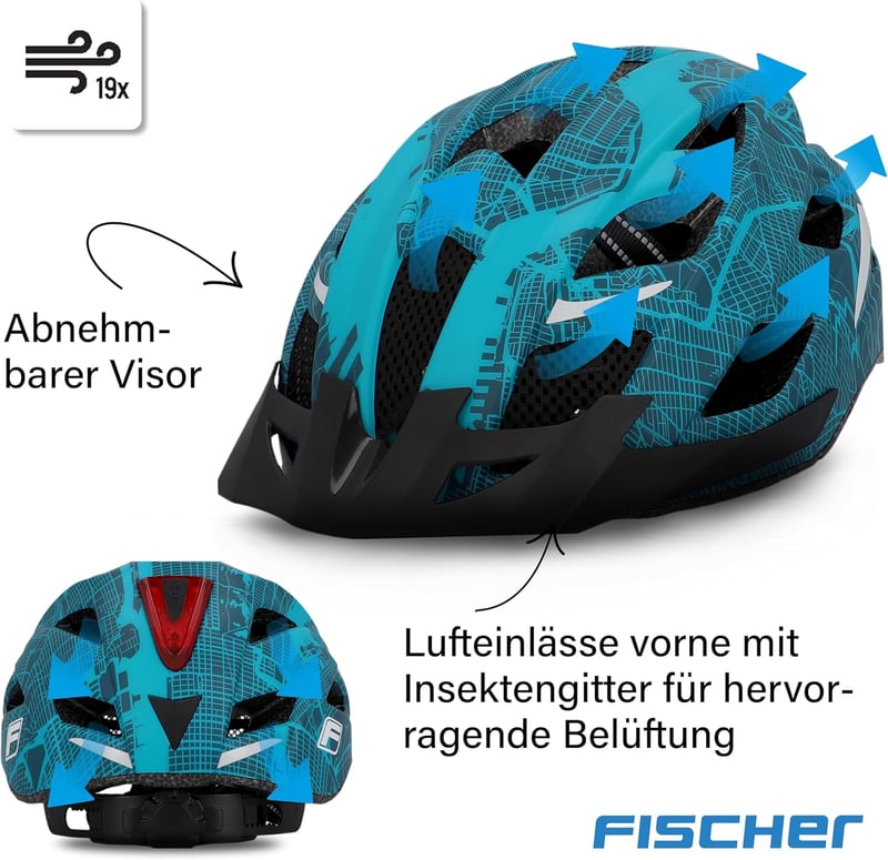 Fischer Urban Plus kerékpáros sisak LED hátsó lámpával női és férfi - S/M, 52-59 cm, Blue Patterned