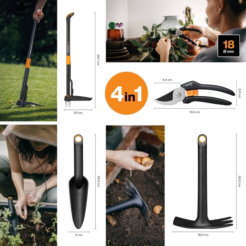 Fiskars 4 részes kertészeti szerszám szett gyomirtó kapával és metszőollóval - Weed Cutter/Planting Tool Kit (includes pruning shears)