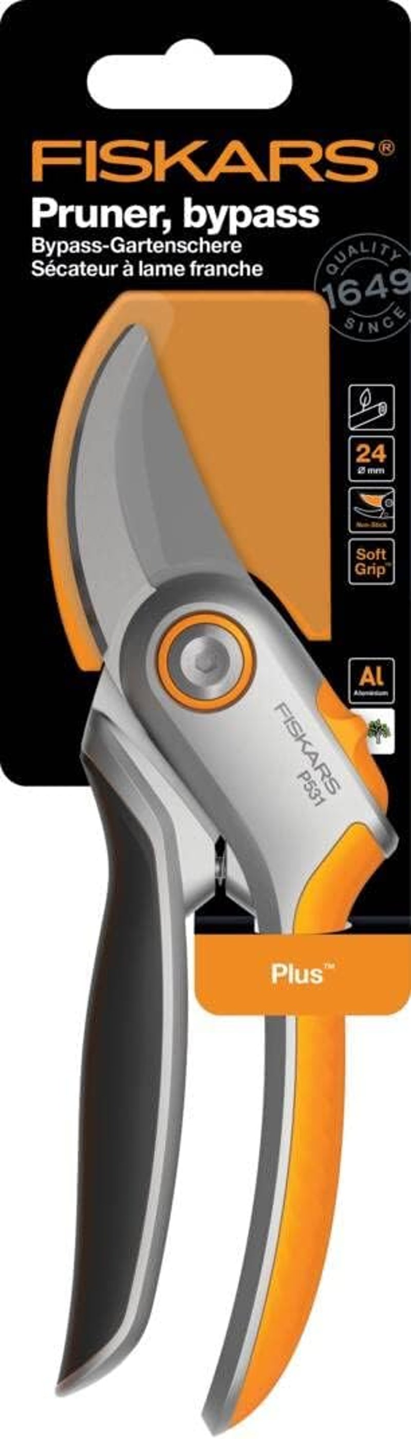 Fiskars Bypass Metszőolló Friss Ágakhoz, Tapadásmentes Bevonatú Acél Pengék, Alumínium Nyél, Fekete/Narancs, Plus P531