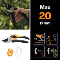 Foarfecă de grădină Fiskars Bypass Solid P321, mărimea M, pentru ramuri verzi, lamă din oțel inoxidabil cu strat antiaderent, 20,1 cm, negru/portocaliu 2