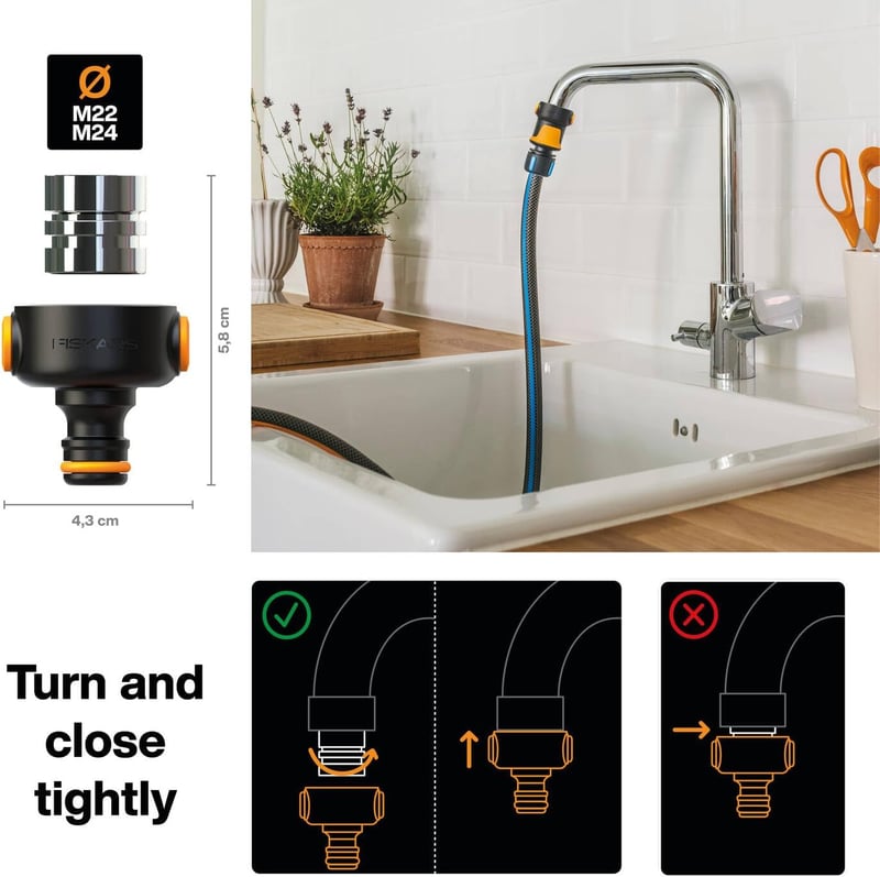 Fiskars Csapcsatlakozó Gyorsleoldó M22/M24 Menet Univerzális Fekete/Narancs - 5.8 x 4.3 cm, Tap connector inner M22/M24