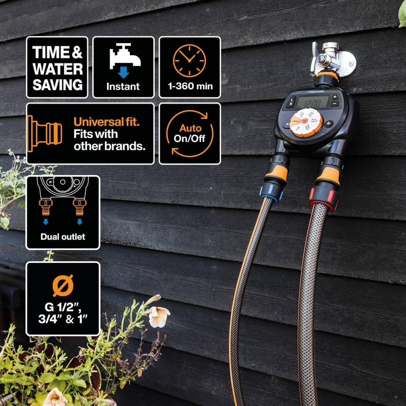 Fiskars Csapra szerelhető öntözési időzítő LCD kijelzővel, univerzális méret - Dual output