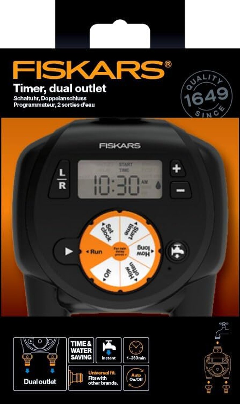 Fiskars Csapra szerelhető öntözési időzítő LCD kijelzővel, univerzális méret - Dual output