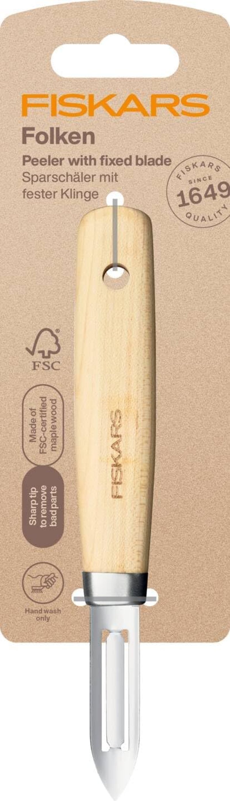 Fiskars Folken rozsdamentes acél gyümölcs- és zöldséghámlózó fa nyéllel
