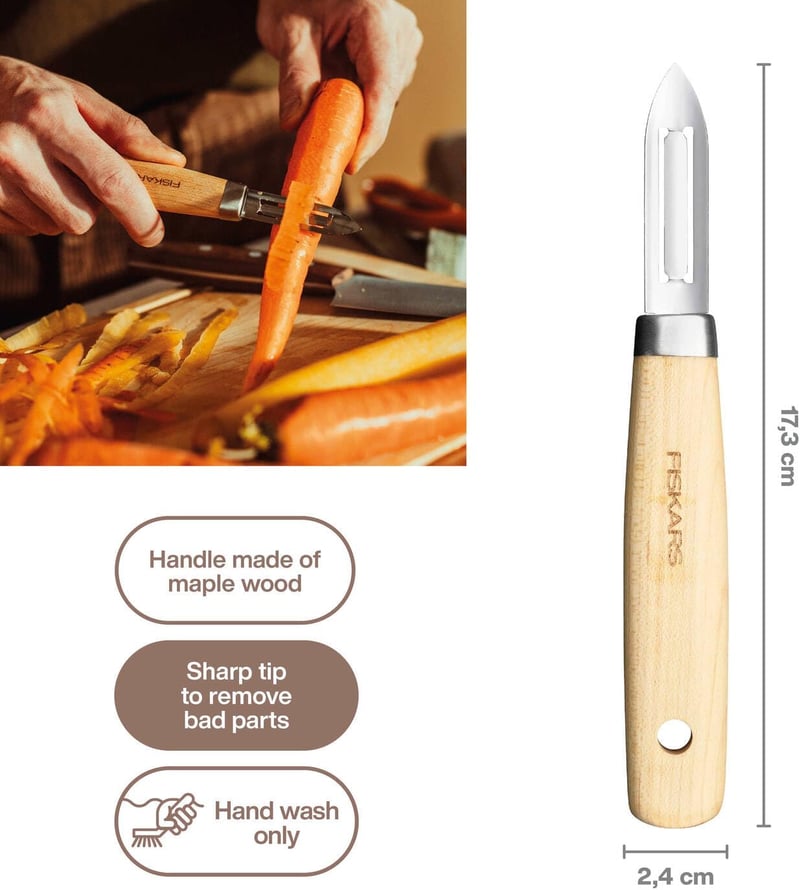 Fiskars Folken rozsdamentes acél gyümölcs- és zöldséghámlózó fa nyéllel