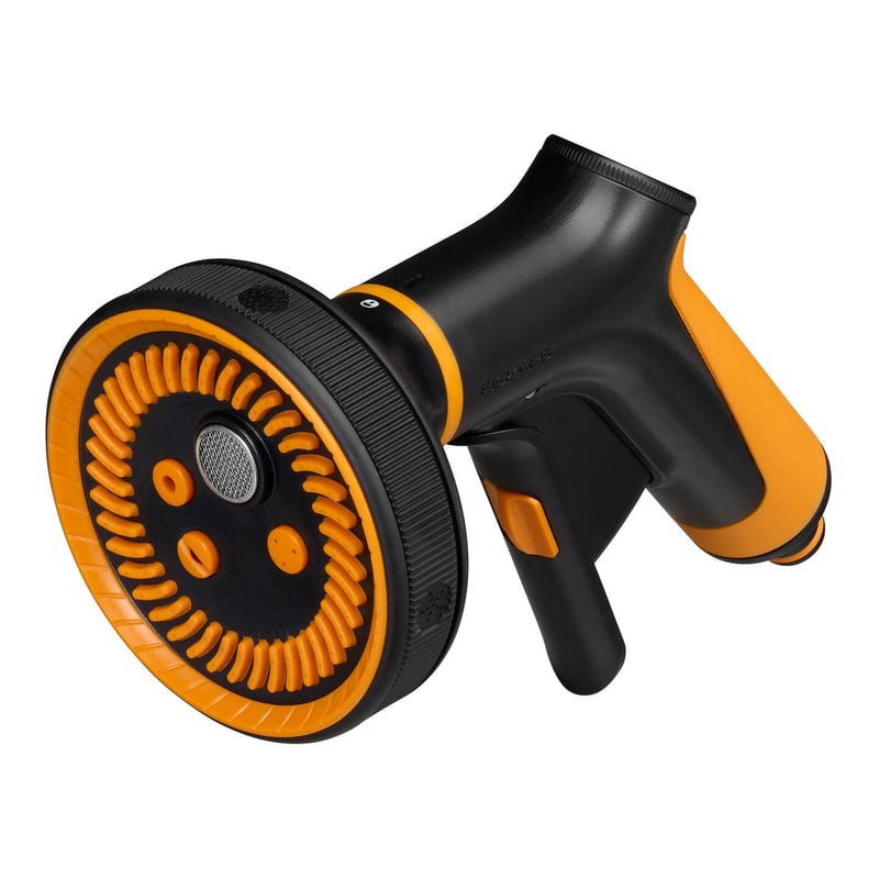 Fiskars višenamjenski pištolj za prskanje s 5 funkcija, podesiv protok vode, SoftGrip, crno/narančasta