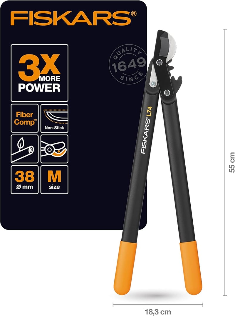 Fiskars PowerGear II Bypass Metszőolló Friss Fához, Keményfém Pengékkel, Nem Tapad Bevonattal - L74 (branch diameter 3.8 cm)