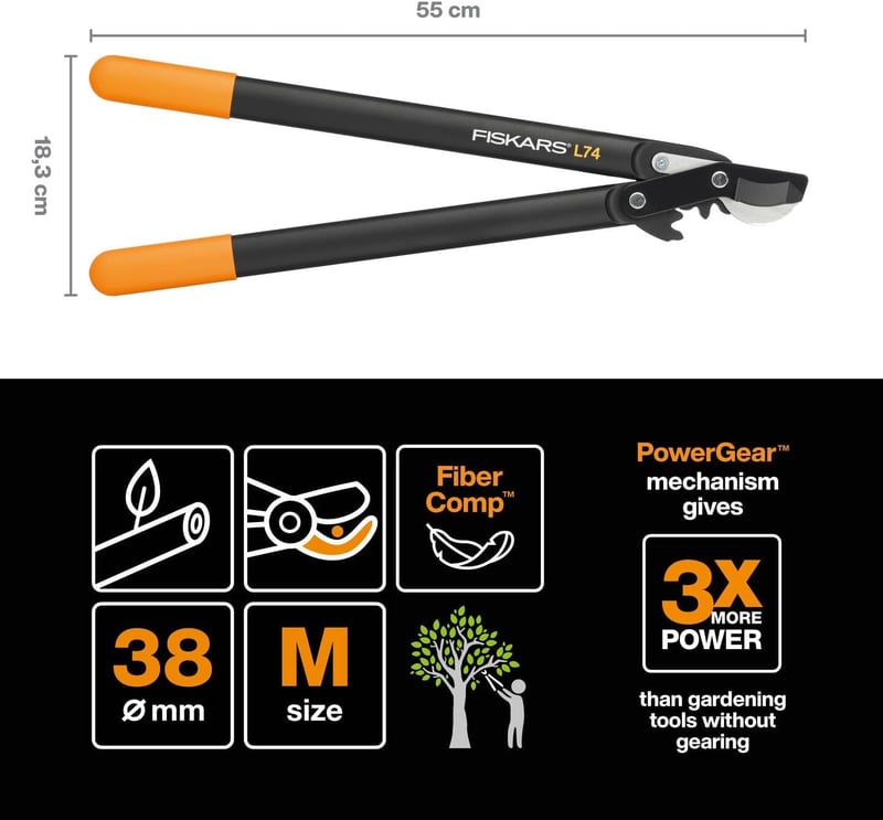 Fiskars PowerGear II Bypass Metszőolló Friss Fához, Keményfém Pengékkel, Nem Tapad Bevonattal - L74 (branch diameter 3.8 cm)