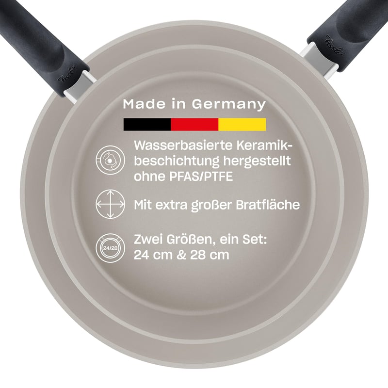 Set 2 tigăi Fissler Ceratal Comfort (24 + 28 cm), gri, înveliș ceramic, fără PFAS/PTFE, antiaderente, pentru inducție, aluminiu