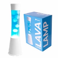Lampă cu lavă FISURA cu bază albă, lichid albastru și lavă albă – 11x11x39,5 cm, cu bec de rezervă, metal și sticlă 1
