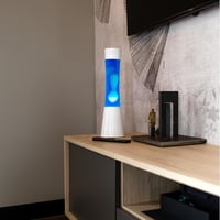 Lampă cu lavă FISURA cu bază albă, lichid albastru și lavă albă – 11x11x39,5 cm, cu bec de rezervă, metal și sticlă 5