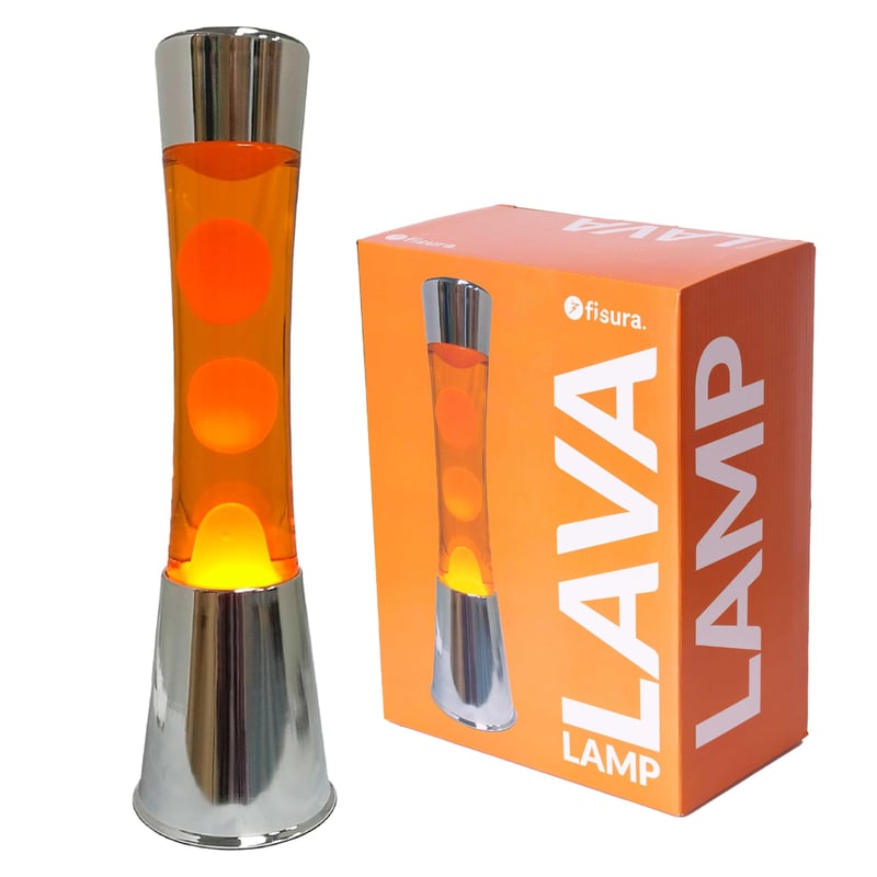 FISURA Lava lampa narančasta - Srebrno kromirano postolje, narančasta tekućina i lava, sa zamjenskom žaruljom - 11 x 11 x 39,5 cm