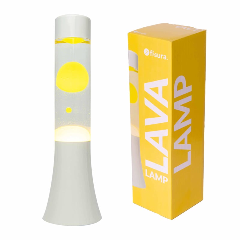 FISURA Žuta lava lampa 30 cm - Lava lampa s bijelim postoljem, prozirnom tekućinom i žutom lavom, 9x9x30 cm, opuštajuća ambijentalna svjetiljka