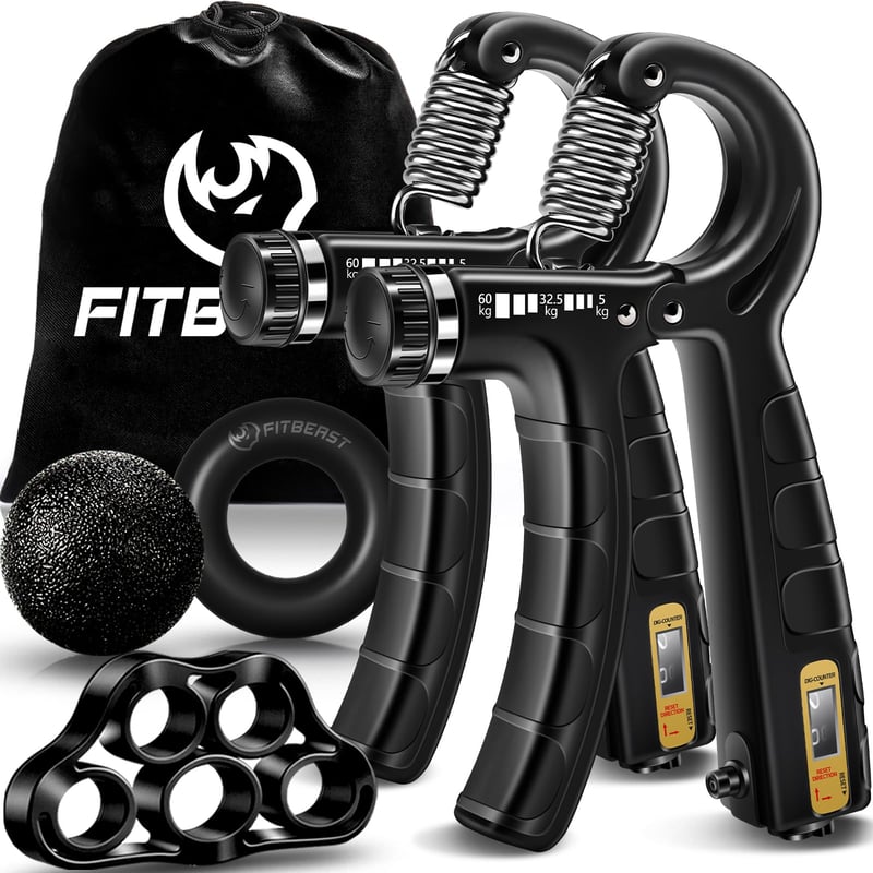 Set de antrenament pentru întărirea mâinilor FitBeast (5 piese) – 2 mânere pentru antebraț, dispozitiv de strângere a mâinii cu rezistență reglabilă, extensie pentru degete, inel de prindere și minge antistres pentru sportivi
