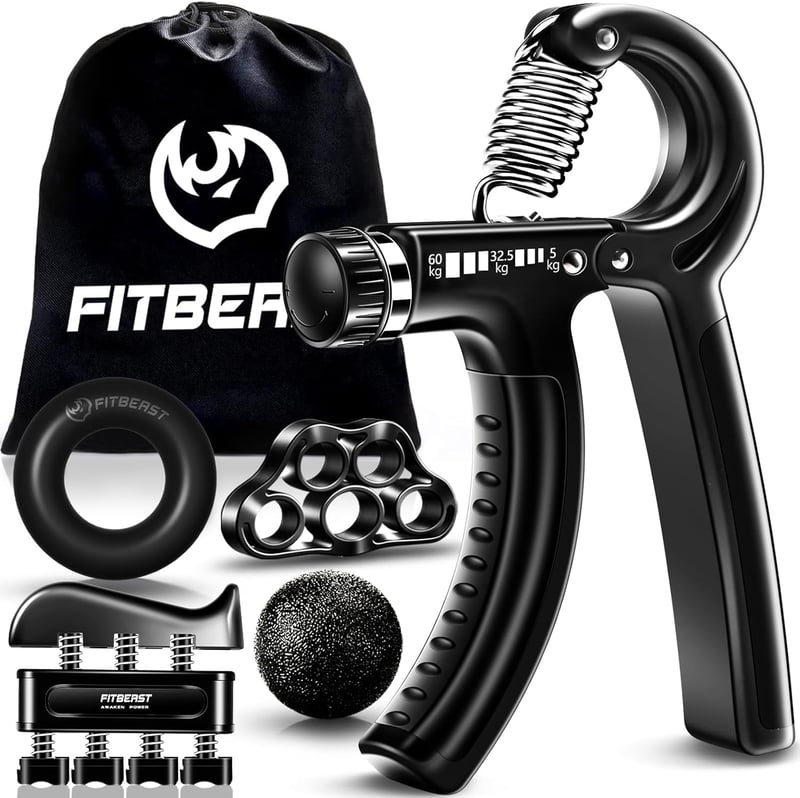FitBeast Kézerősítő Készlet - 5 Részes Állítható Markolatfejlesztő, Ujjerősítő Edzőeszköz, Csuklóerősítő és Stresszoldó Labda Férfiaknak és 