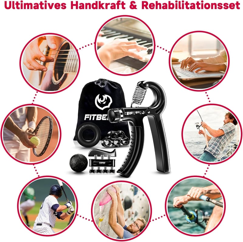 FitBeast Kézerősítő Készlet - 5 Részes Állítható Markolatfejlesztő, Ujjerősítő Edzőeszköz, Csuklóerősítő és Stresszoldó Labda Férfiaknak és 