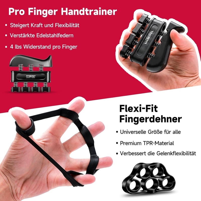 FitBeast Kézerősítő Készlet - 5 Részes Állítható Markolatfejlesztő, Ujjerősítő Edzőeszköz, Csuklóerősítő és Stresszoldó Labda Férfiaknak és 