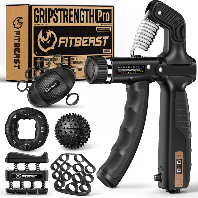FitBeast Kézerősítő Készlet - 6 Részes Állítható Ellenállású Edzőszett Alkar és Ujjerősítéshez, Masszázslabdákkal Rehabilitációhoz