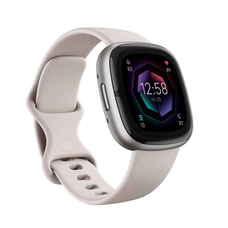 Inteligentné hodinky Fitbit Sense 2 – Zabudované GPS, EKG, zvládanie stresu a analýza spánku – Kompatibilné s Android a iOS – Mesačná biela / Platínový hliník