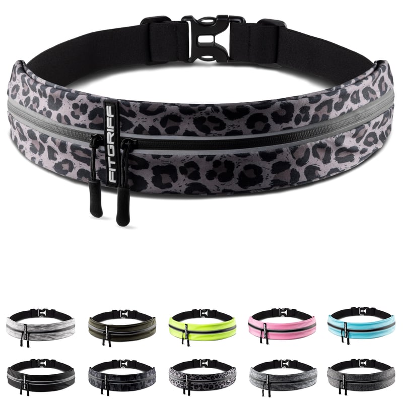 Centură de alergare Fitgriff pentru smartphone - Borsetă cu imprimeu leopard pentru alergare, sport, jogging - Pentru talie între 62-90 cm, compatibilă cu toate smartphone-urile