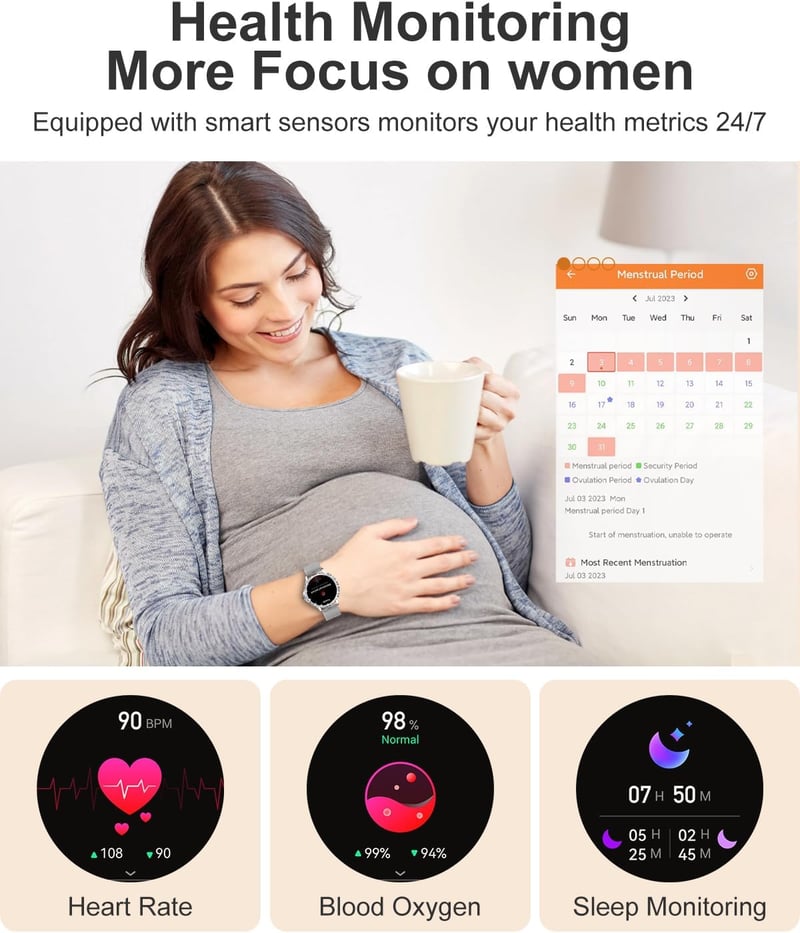 Fitoncloud Női Okosóra 1.3" HD Érintőképernyő Telefonhívás Menstruációs Ciklus SpO2 Pulzusmérő Alvásmonitor Lépésszámláló IP68 Ezüst
