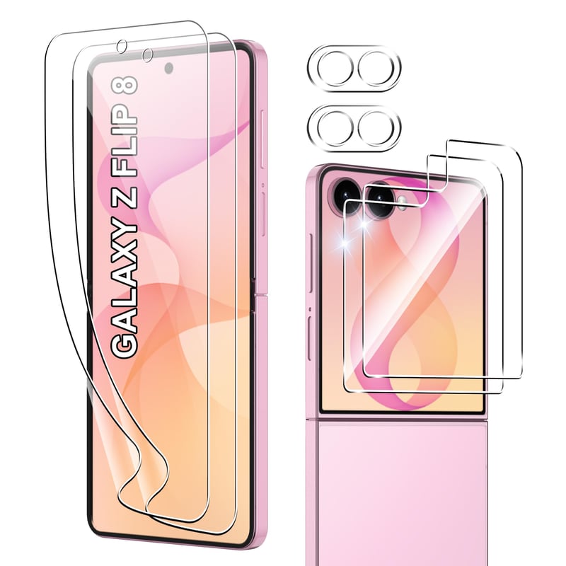 Ochranná sada na displej Fitudoos pre Samsung Galaxy Z Flip 8 – 2× mäkká TPU vnútorná fólia + 2× HD tvrdené sklo + 2× kryt na fotoaparát, bez bublín