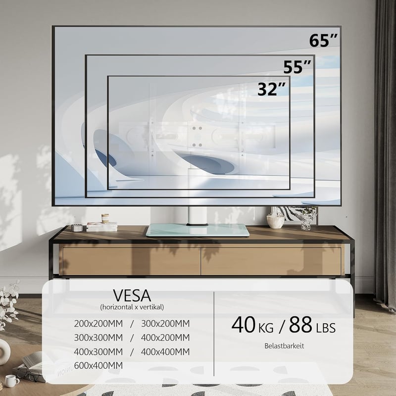 FITUEYES TV Állvány 32-65 Colos Televíziókhoz - Állítható Magasságú, Forgatható, Max. VESA 600x400, Fehér Edzett Üveg, 40kg Teherbírás