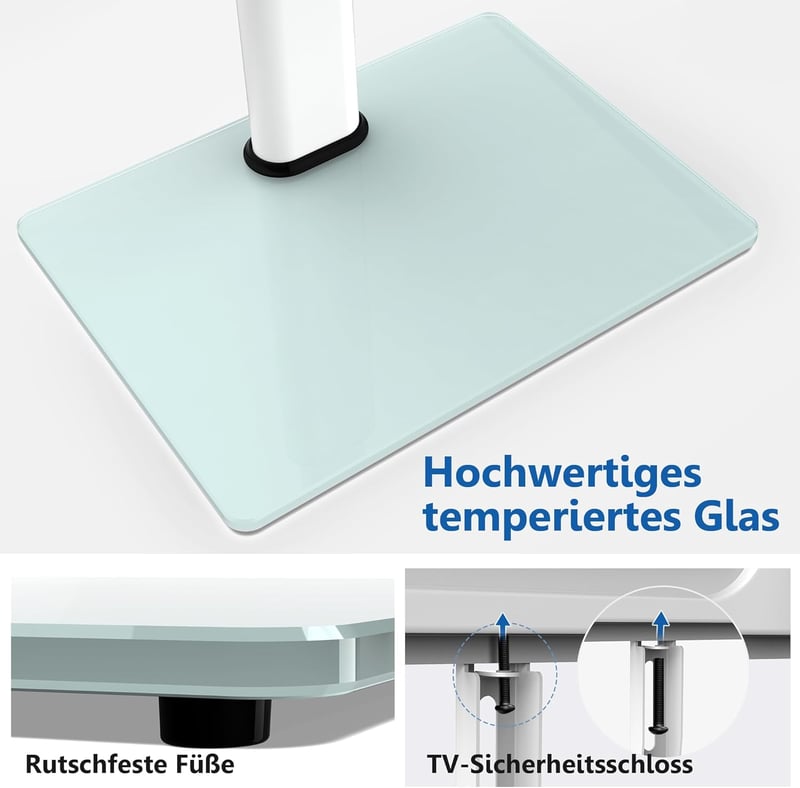 FITUEYES TV Állvány 32-65 Colos Televíziókhoz - Állítható Magasságú, Forgatható, Max. VESA 600x400, Fehér Edzett Üveg, 40kg Teherbírás