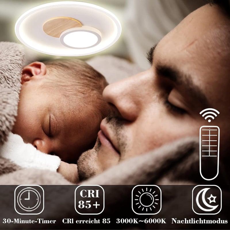 FitzMia Modern Fa LED Mennyezeti Lámpa - Távirányítós, Szabályozható Fényerő, 3 Színhőmérséklet, Memória Funkcióval Hálószobába, Nappaliba