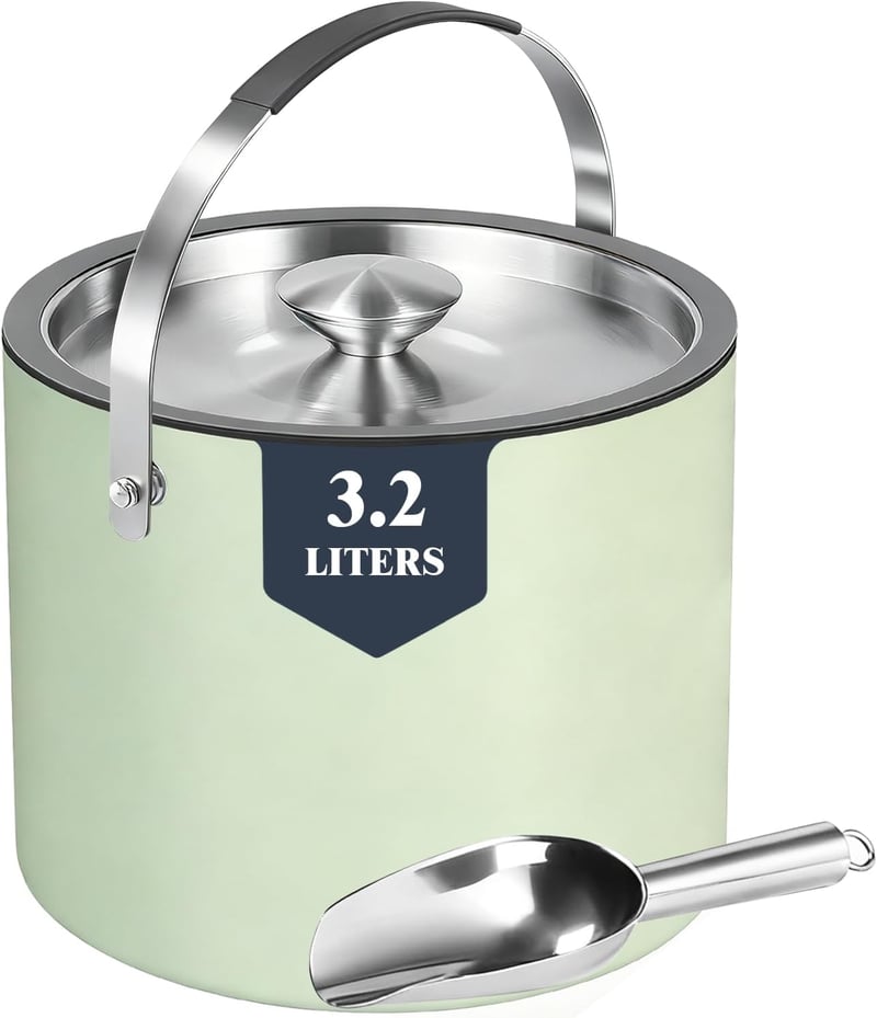 FiveHome 3.2L Jégkocka Tároló Fedéllel és Kanállal, Rozsdamentes Acél Jégvödör Mintazöld