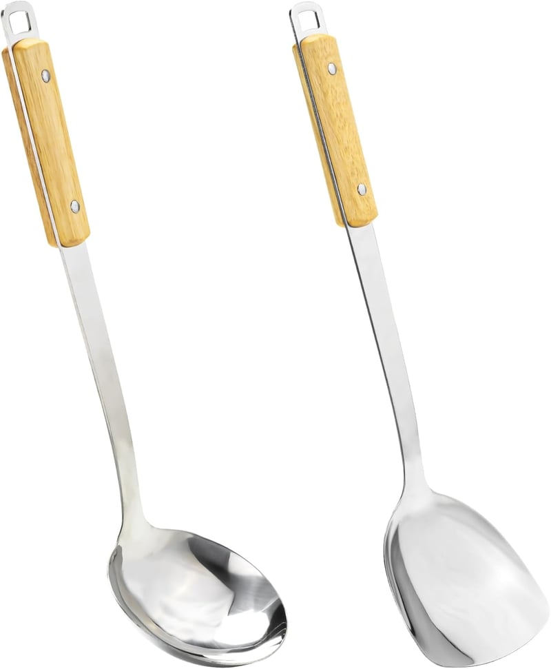 FJNATINH Wok spatula és kanalszett rozsdamentes acélból, 2 részes konyhai eszköz