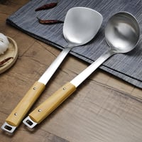 FJNATINH Wok spatula és kanalszett rozsdamentes acélból, 2 részes konyhai eszköz 6