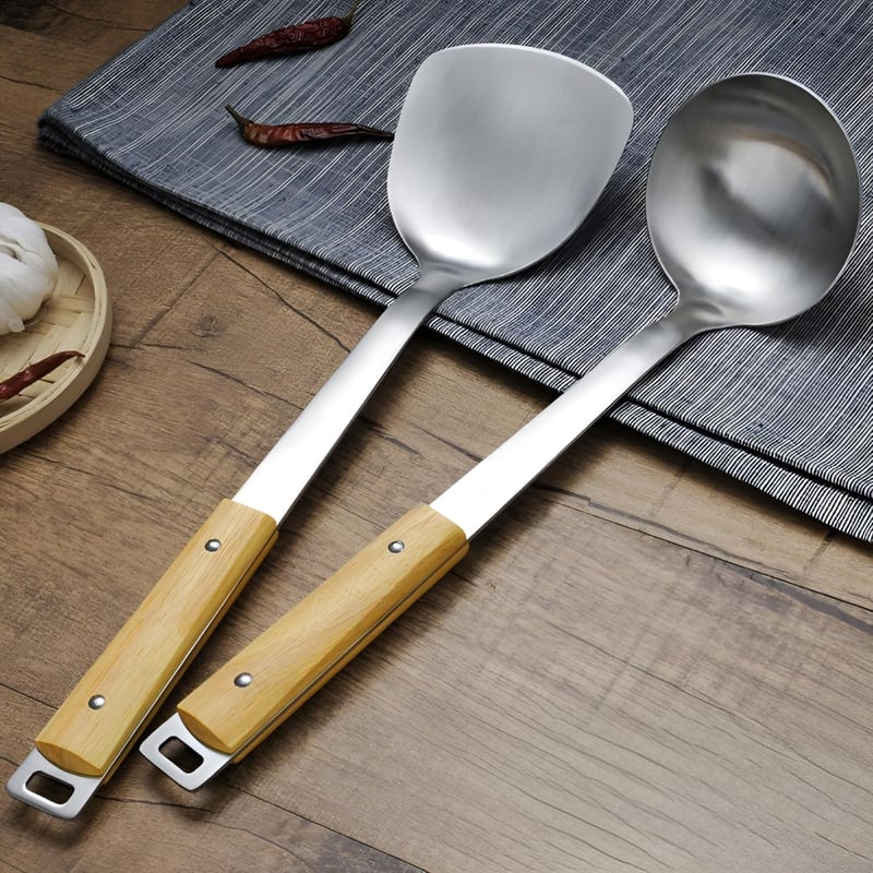 FJNATINH Wok spatula és kanalszett rozsdamentes acélból, 2 részes konyhai eszköz