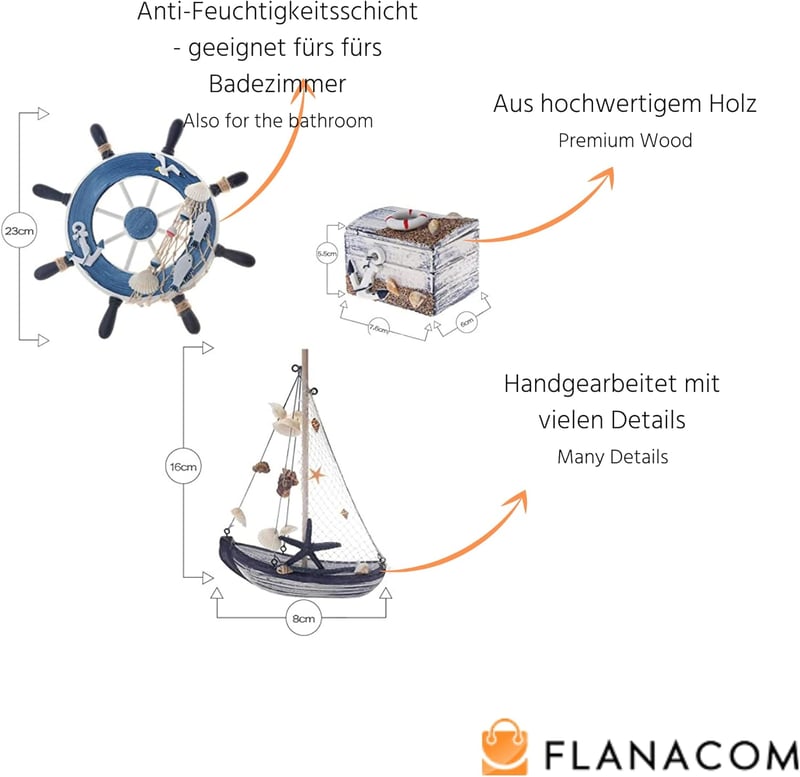 Flanacom Fürdőszoba Dekoráció Szett 3 Részes Tengeri Stílusú Fa Kiegészítő