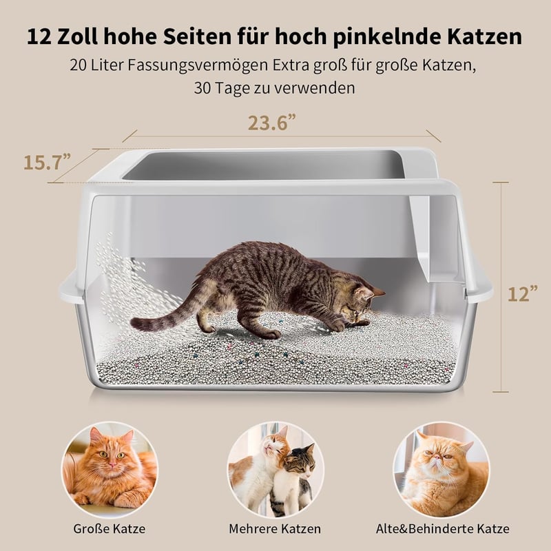 FLARUZIY Macska WC Tálca XL Rozsdamentes Acél Nagy Macskákhoz Magas Szélekkel és Lapáttal Szürke 62x45cm