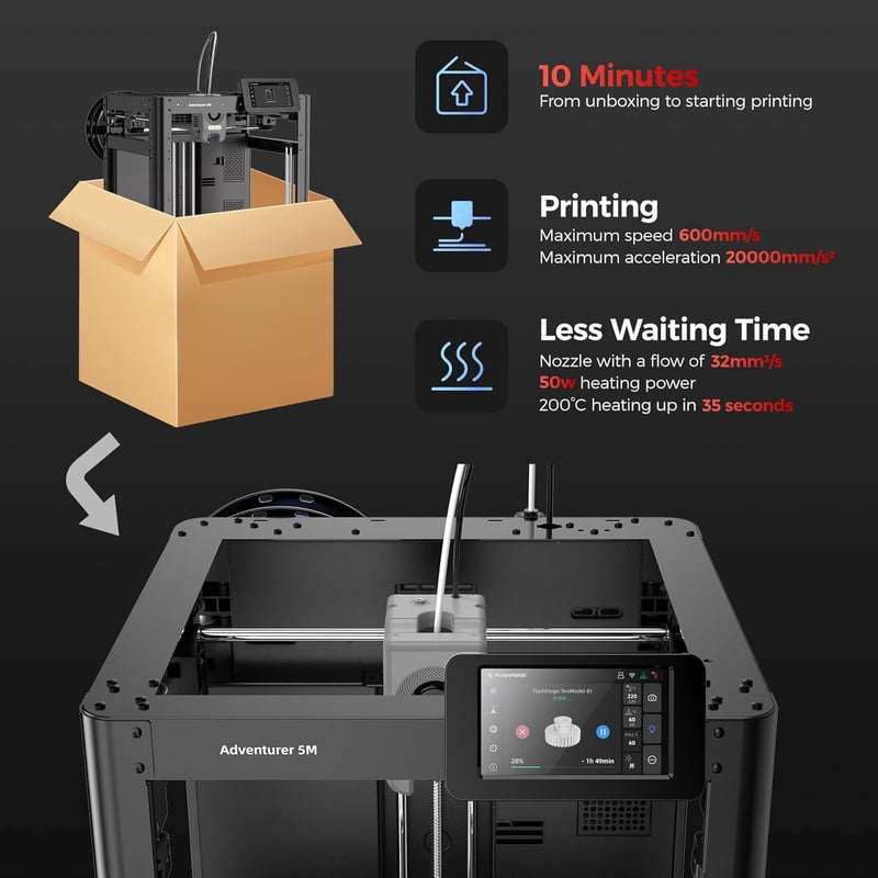 Flashforge Adventurer 5M 3D nyomtató automatikus szintezéssel és gyors nozzle cserével