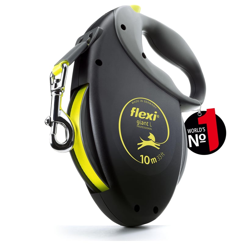 Vodítko pre psov flexi Giant Professional L, 10 m páska, čierna/neónovo žltá, do 50 kg