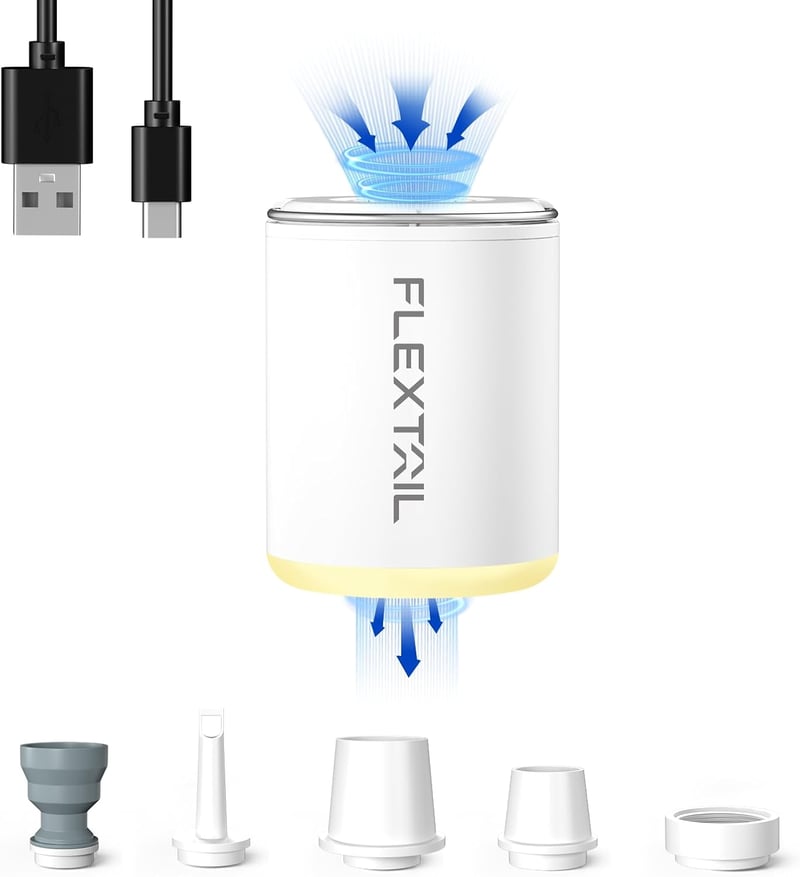 FLEXTAILGEAR elektromos hordozhato minipumpa USB tolto, újratolthető levegőfeltöltő es leeresztő légmatracokhoz úszógumikhoz vákuumtasakokho