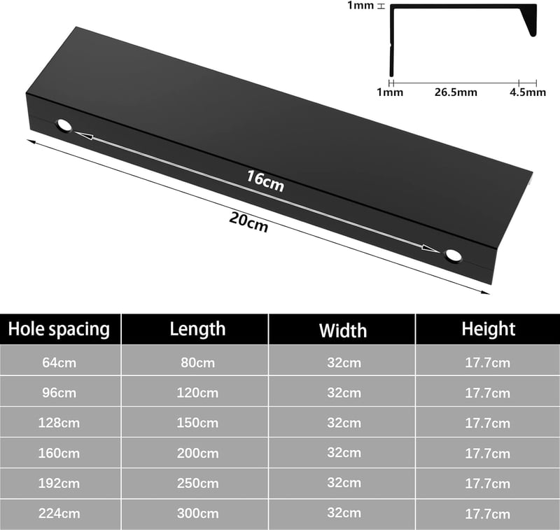 flintronic 10 db Rejtett Bútor Fogantyú 200 mm Lyukközépség Fekete Szekrény Konyha Hálószoba