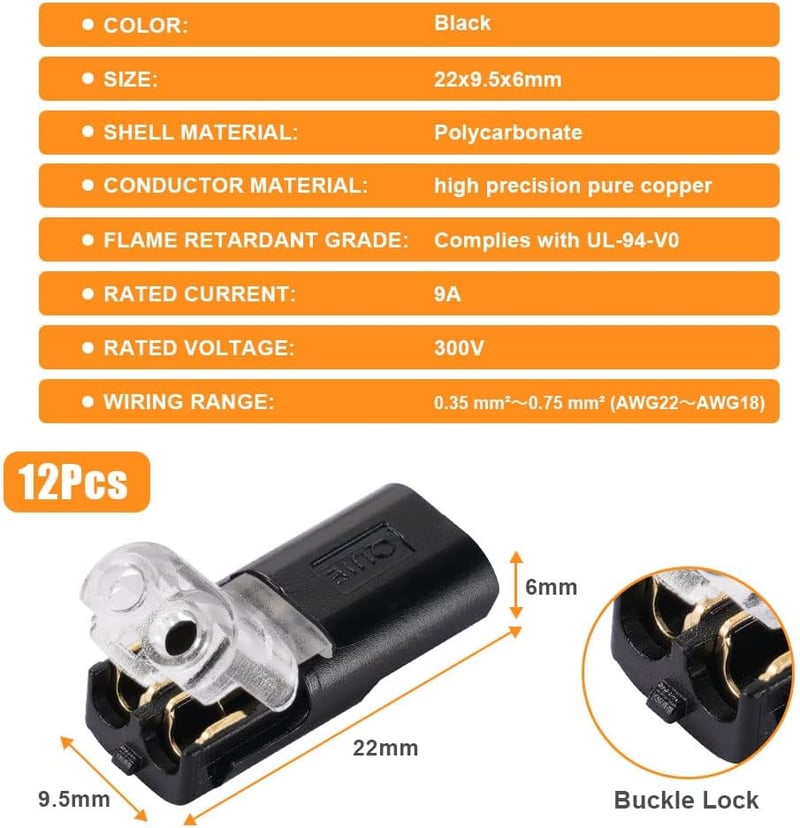 flintronic 2 Pólusú Kábel Csatlakozó Dugó, 12 Darabos Autó Csatlakozó Szett, 18-24AWG Vezeték Gyorscsatlakozó, Vízálló Kábel Összekötő