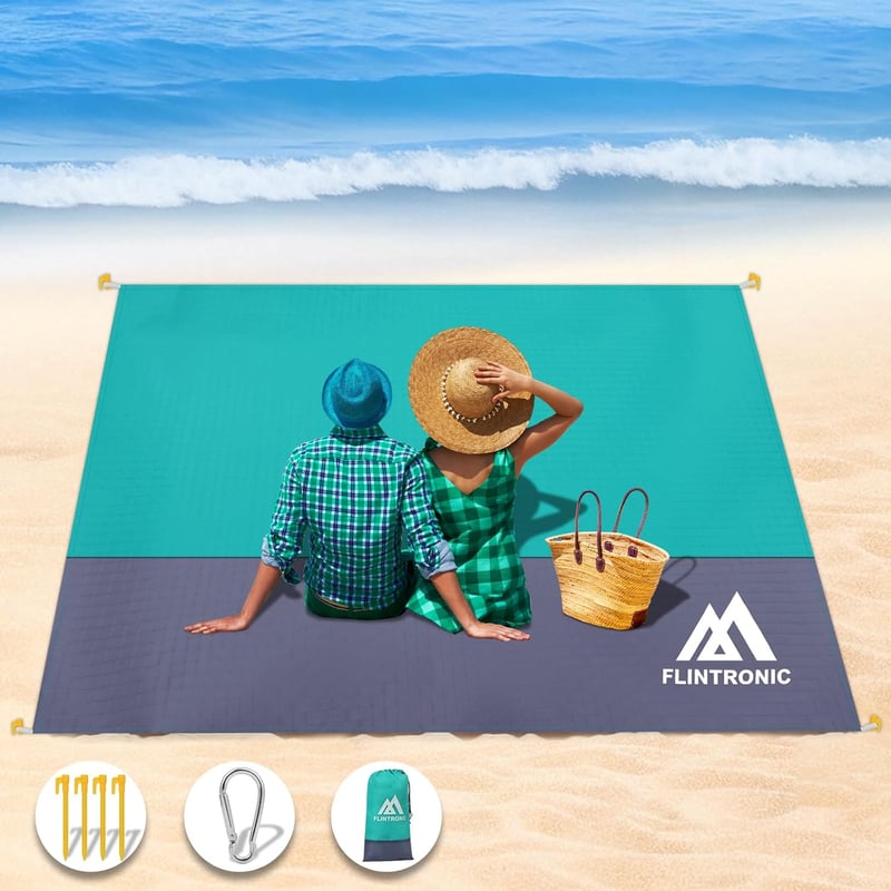 Flintronic 210x200cm Homokmentesítő Strandszőnyeg Vízálló Piknik Takaró Zöld-Szürke