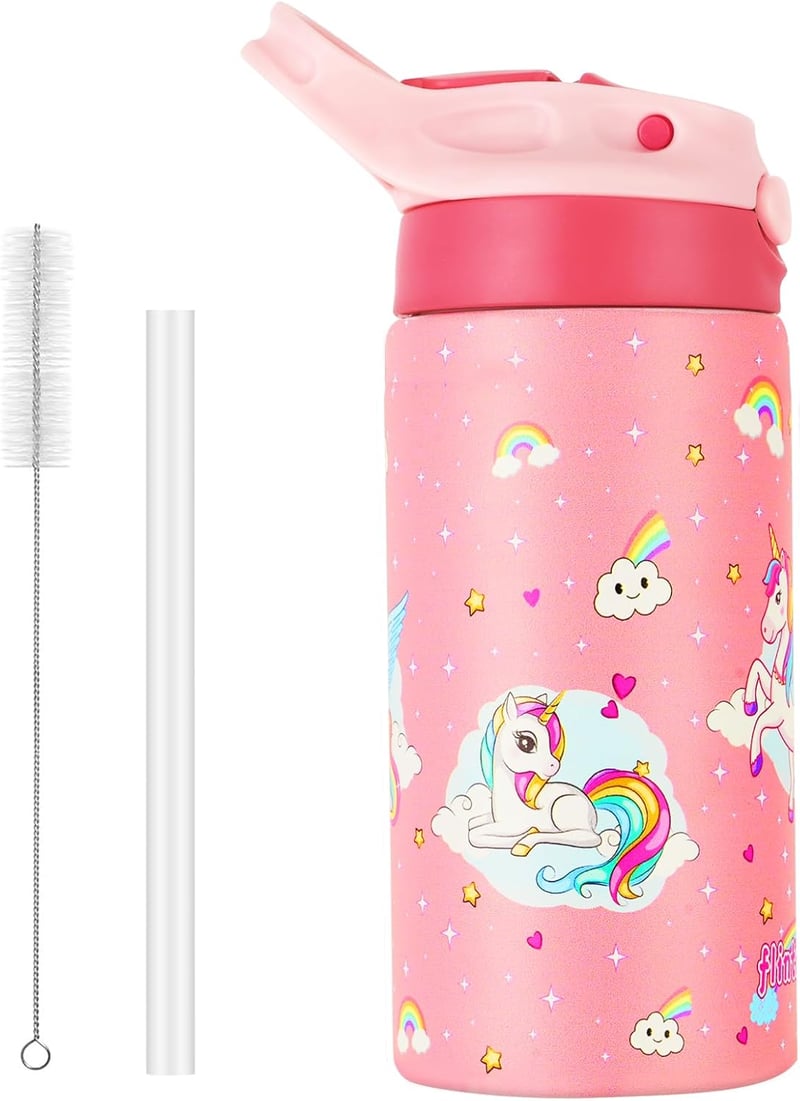 flintronic 350ml Rozsdamentes Gyerek Kulacs Szívószállal, Szorítható Ivópalack Óvodásoknak - BPA Mentes
