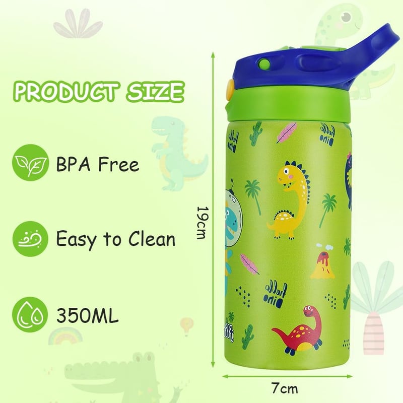 flintronic 350ml Rozsdamentes Gyerek Kulacs Szívószállal, Szorítható Ivópalack Óvodásoknak - BPA Mentes
